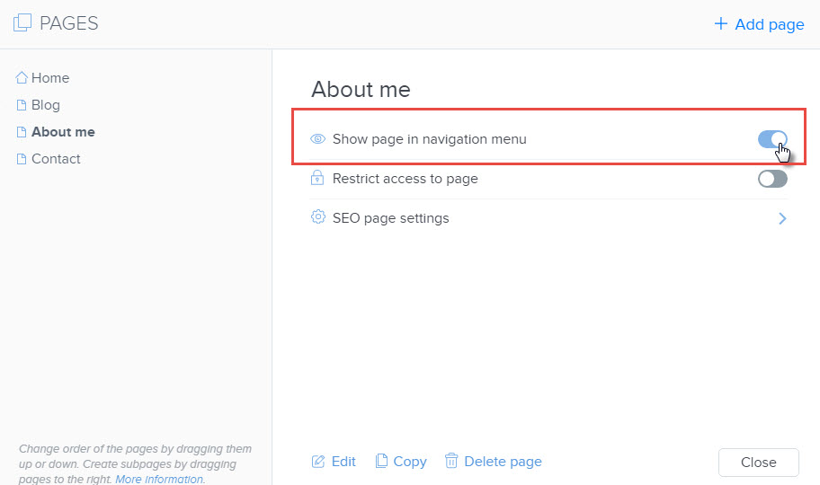 page is displayed in the menu