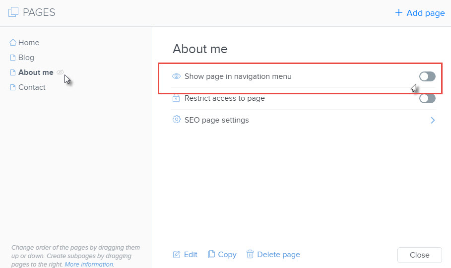 page is hidden from the menu